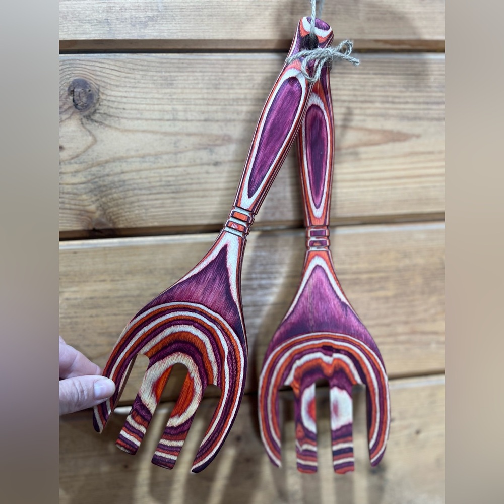 Handcrafted Wooden Salad Servers 12” Striped Utensil Set Farmhouse Minimalist